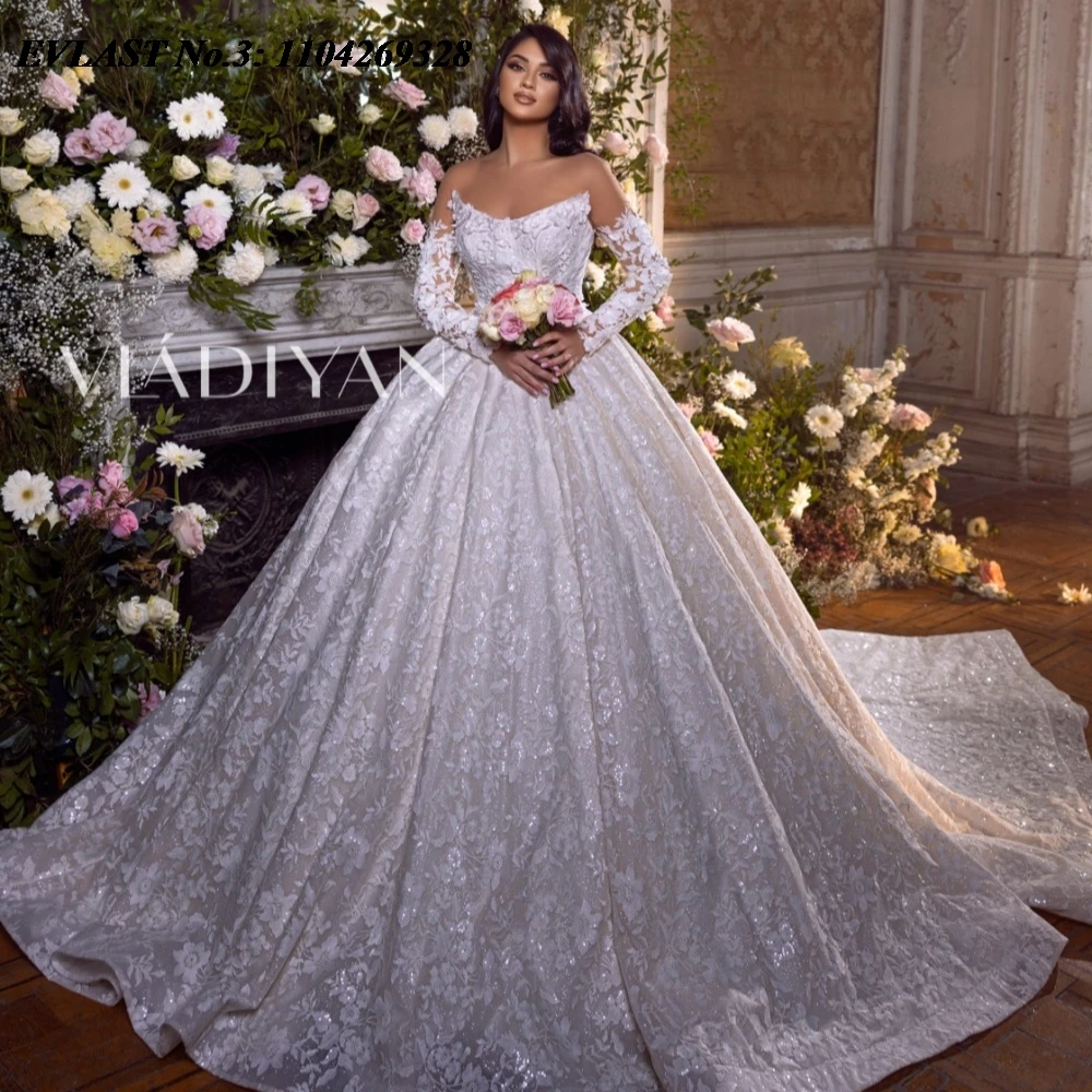 EVLAST personalizado brillante Vingate una línea vestido De Novia De encaje apliques rebordear vestido De Novia De manga larga Vestidos De Novia E3WA10