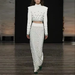 women 2025 Celebrity Fashion New Arrival Luxury beadings Pearl Embellished Short Top and Long Skirt Set - Two-Piece Outfit