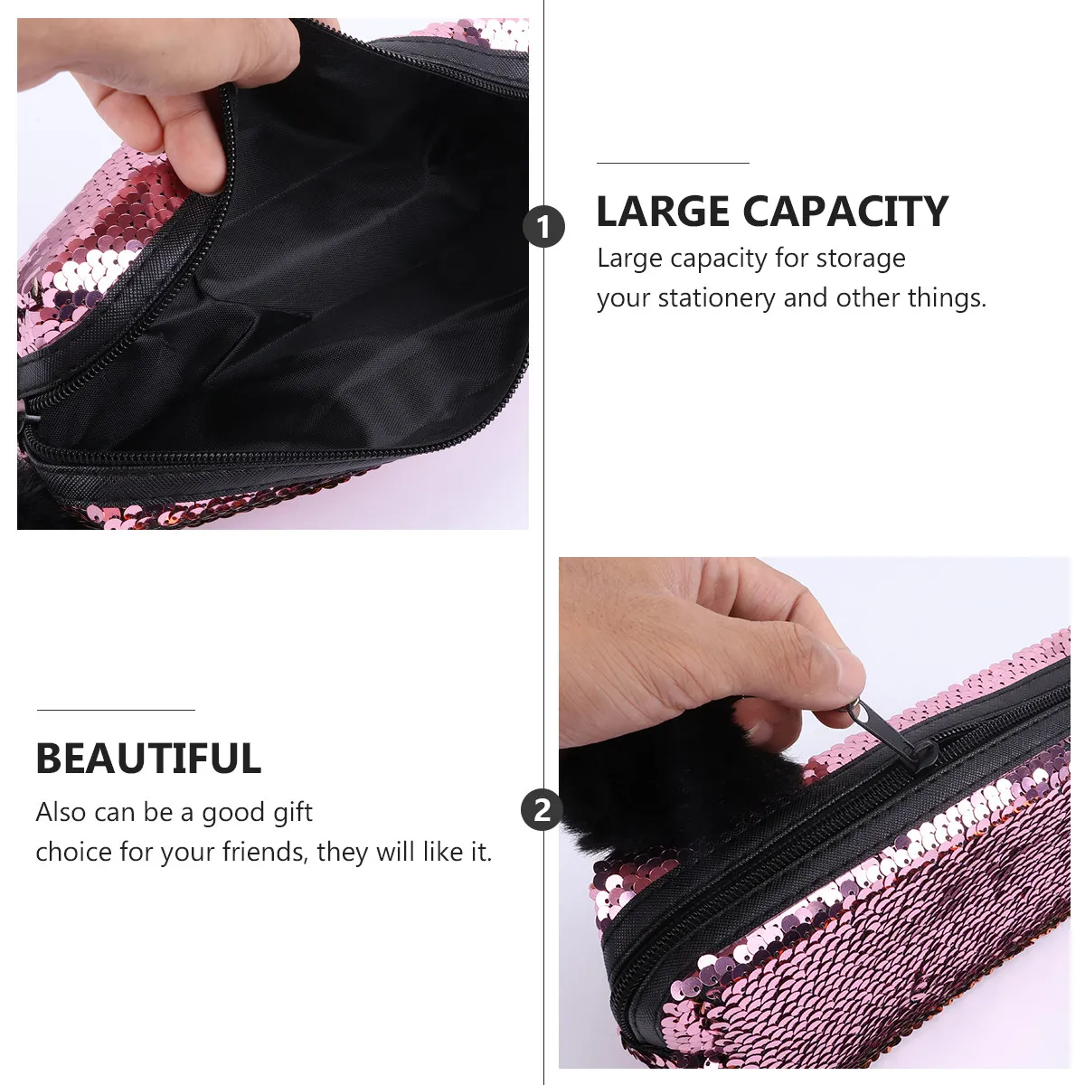 1Pcs Sequined Glitter Pencil Bag Mermaid Theme Smooth Sliding Zipper Large Storage Stationery Organizer Pouch