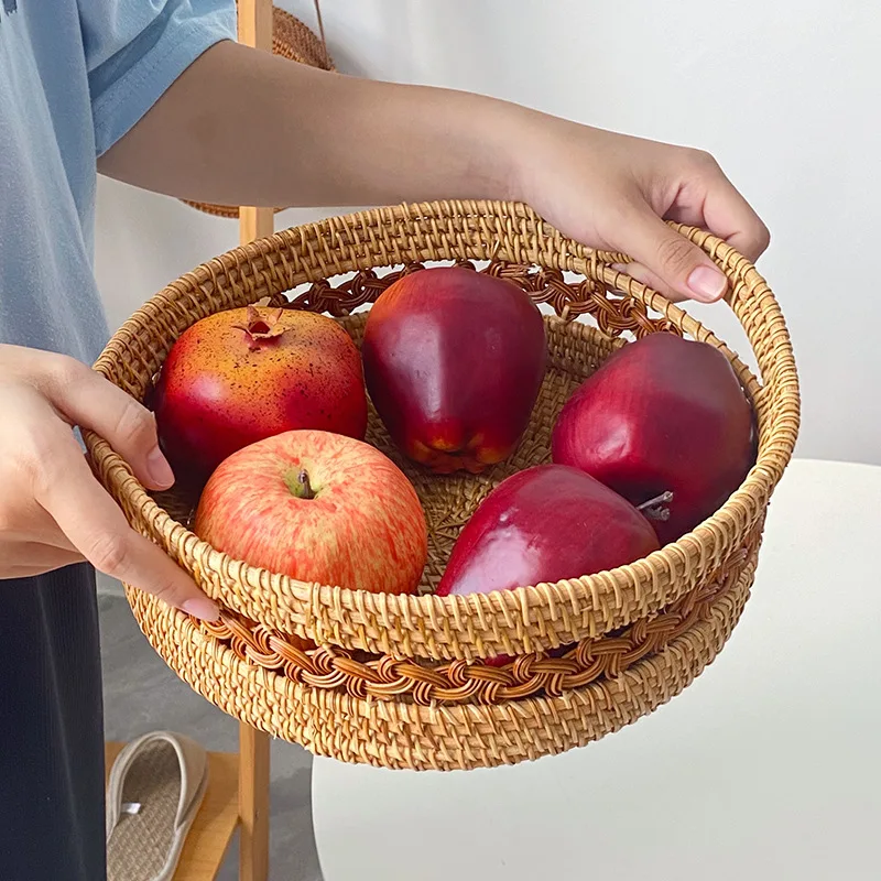 Handmade Real Rattan Round Fruit Basket, Snack Bread Basket Tray, Living Room Snacks Sundries Storage Basket