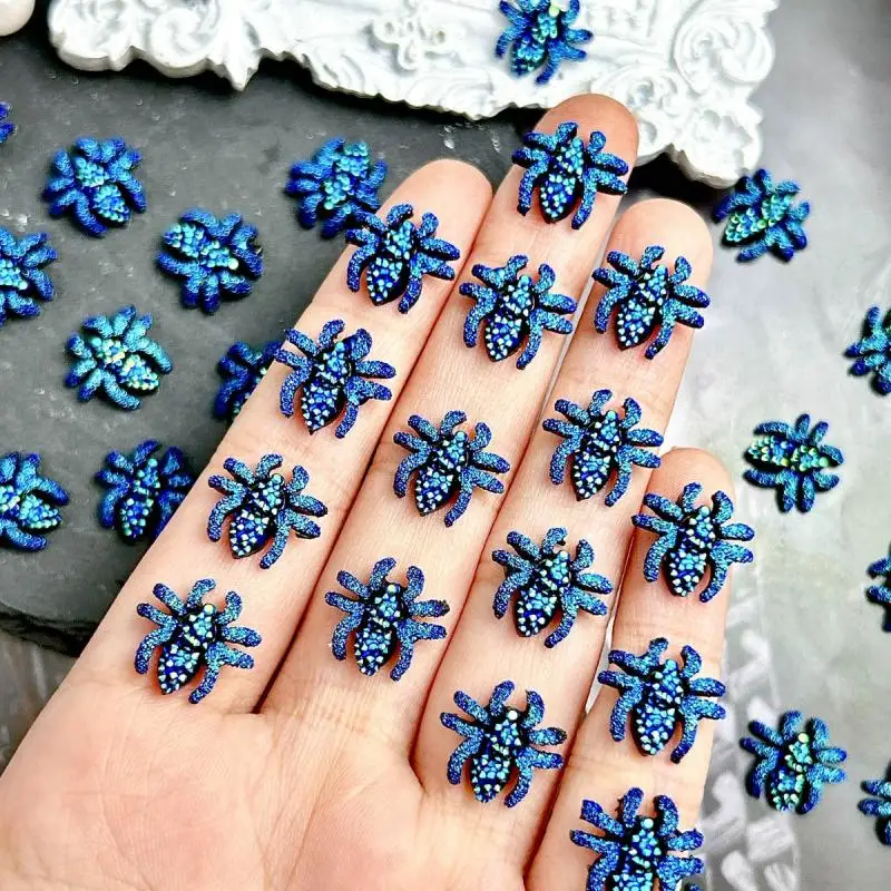 New Resin Deep Blue Spider Nail Art Decorations 3D Fine Glitter Spider Dark Style Nail Charms Accessories for Manicure DIY