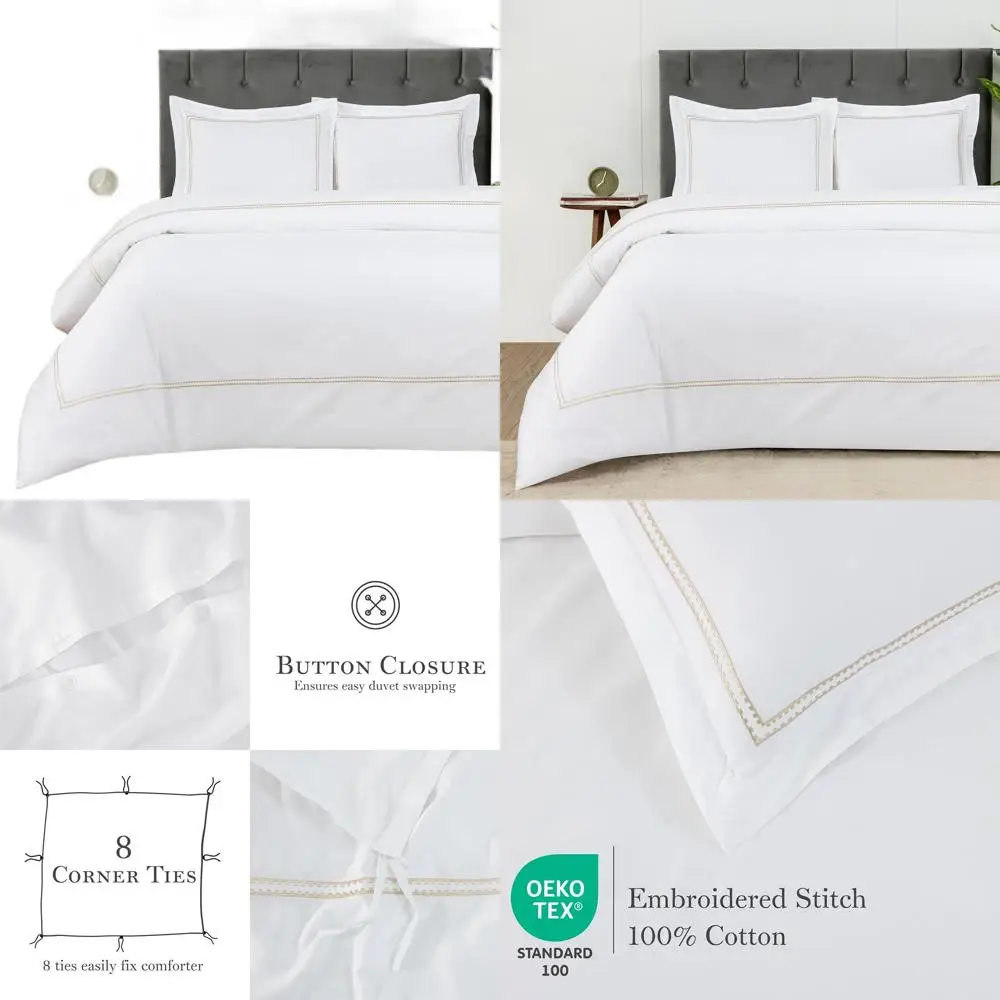 

Luxury 100% Cotton Sateen T300 Duvet Cover Set with Embroidery, Hypoallergenic & 2 Pillow Shams
