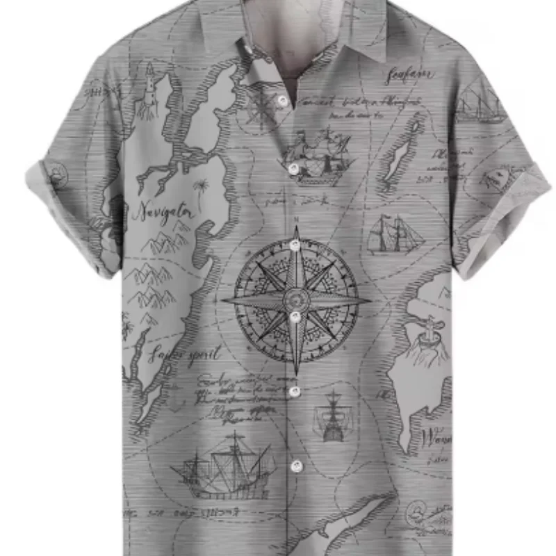 Kemeja Olahraga Pantai Hawaii Pria Atasan Pria Musim Panas Lengan Pendek Kasual Motif Perahu Layar 3D