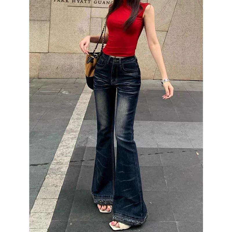 ZHIZOU Women's Low Rise Flared Jeans Black Jeans American Retro Denim Pants Y2k Japanese 2000s Harajuku Bell Bottom Skinny Jeans