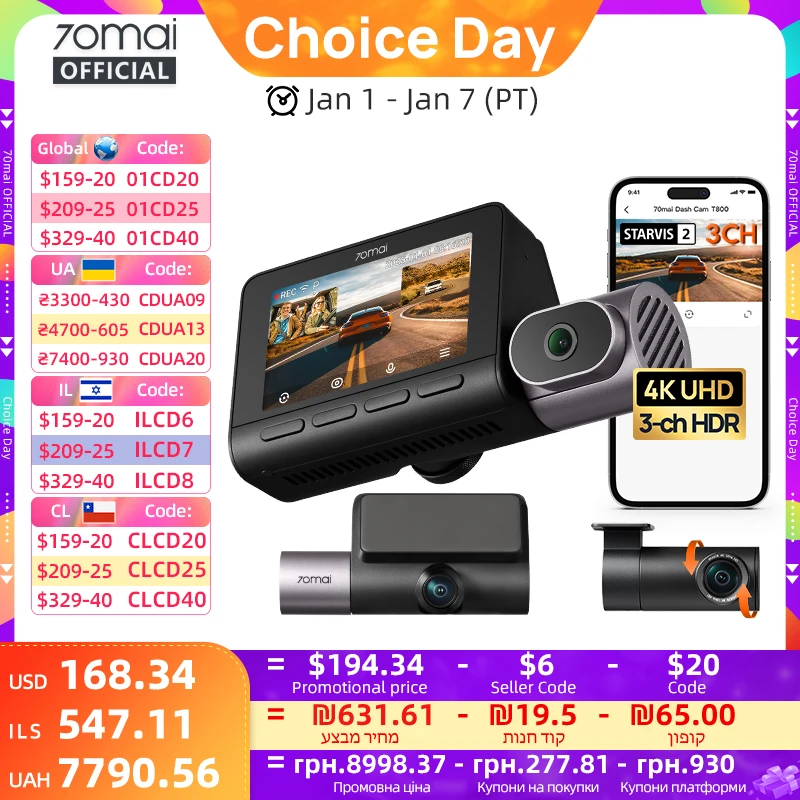 【Helyi raktár】70mai 4K autós kamera T800 3 csatornás felvétellel, tripla HDR hangvezérléssel, 4G LTE távirányítóval, autós DVR 70mai T800