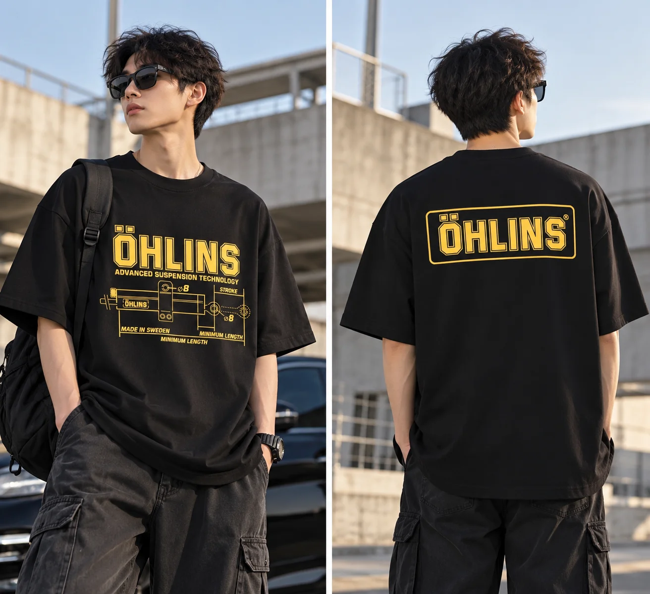 2026 OHLINS Motorcycle Shock Absorber Modified Cotton Short-sleeved T-shirt Men's Casual Wear Trendy Racing Ins Y2k