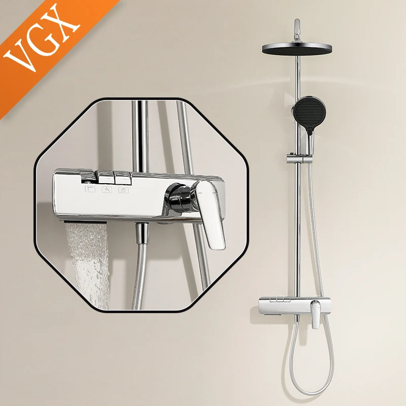 VGX Shower System Set Bathroom Shower Head Set Luxury Shower Faucet Set 3-way Rainfall Shower Set Bathroom Mixer Crane Grey Gold