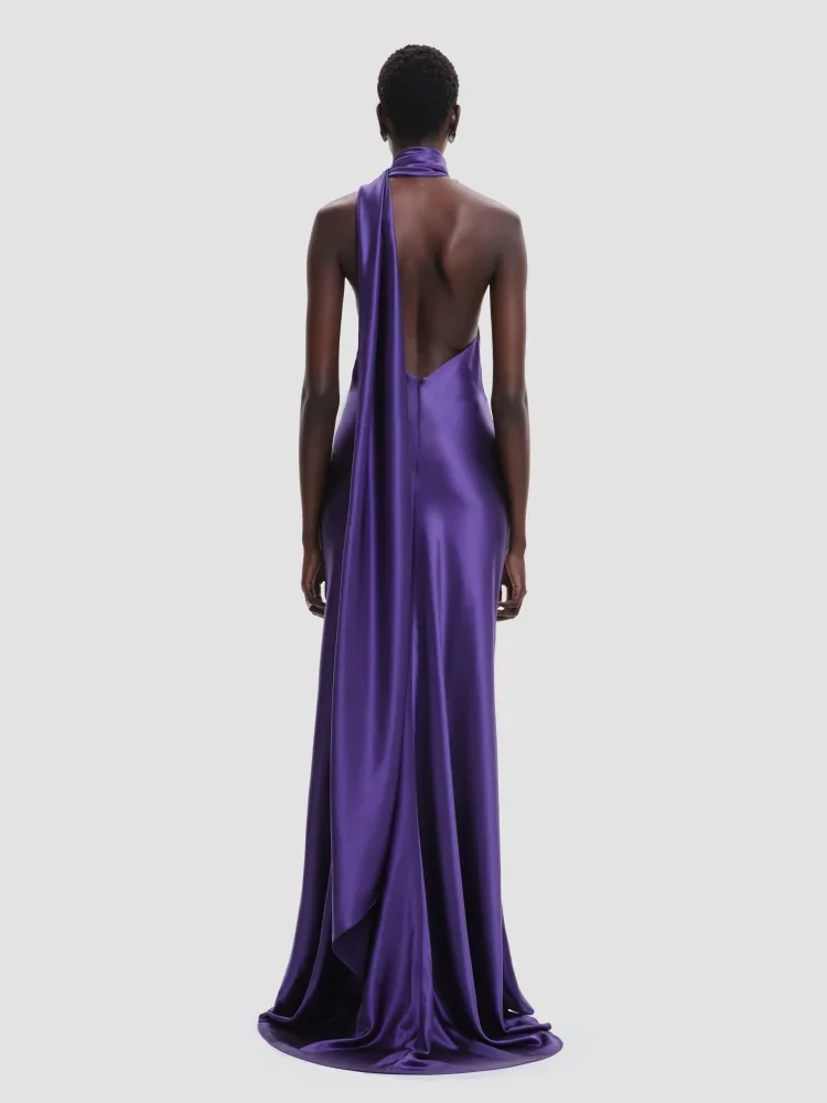 Sexy Halter Neck 3D Flower Backless Satin Maxi Dress Women Purple Sleeveless Draped Bodycon Celebrity Elegant Evening Party Gown