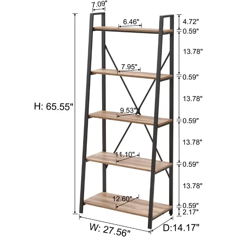 BON AUGURE-Industrial 5 Tier Wood and Metal Ladder, Bookshelf, Vintage Oak