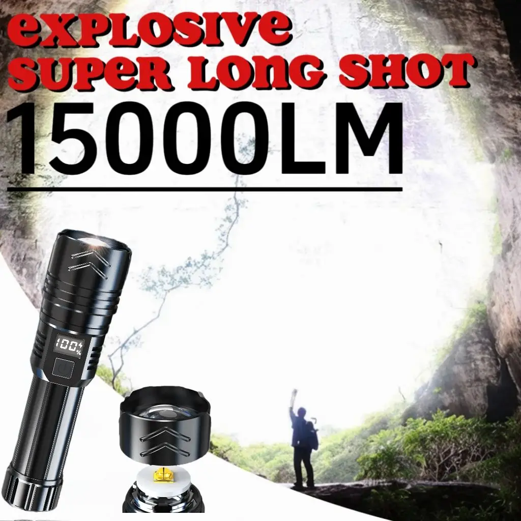 15000 Lumens High Power Flashlight USB Rechargeable LED Flashlight Outdoor Waterproof Tactical Flashlight Torch Fishing Lantern