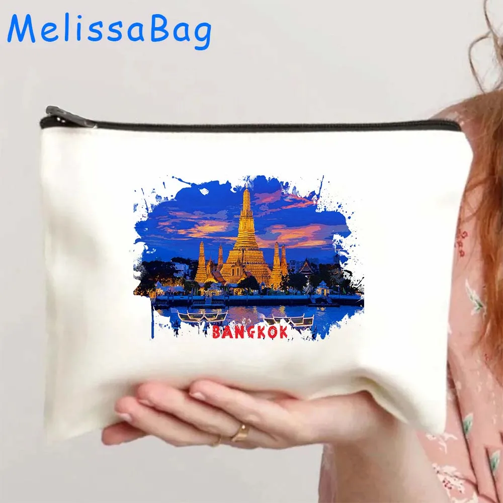 Bangkok Thailand Hanoi Vietnam Havana Cuba Watercolor Ink Painting Canvas Cosmetic Makeup Toilet Bags Pencil Case Zipper Pouch