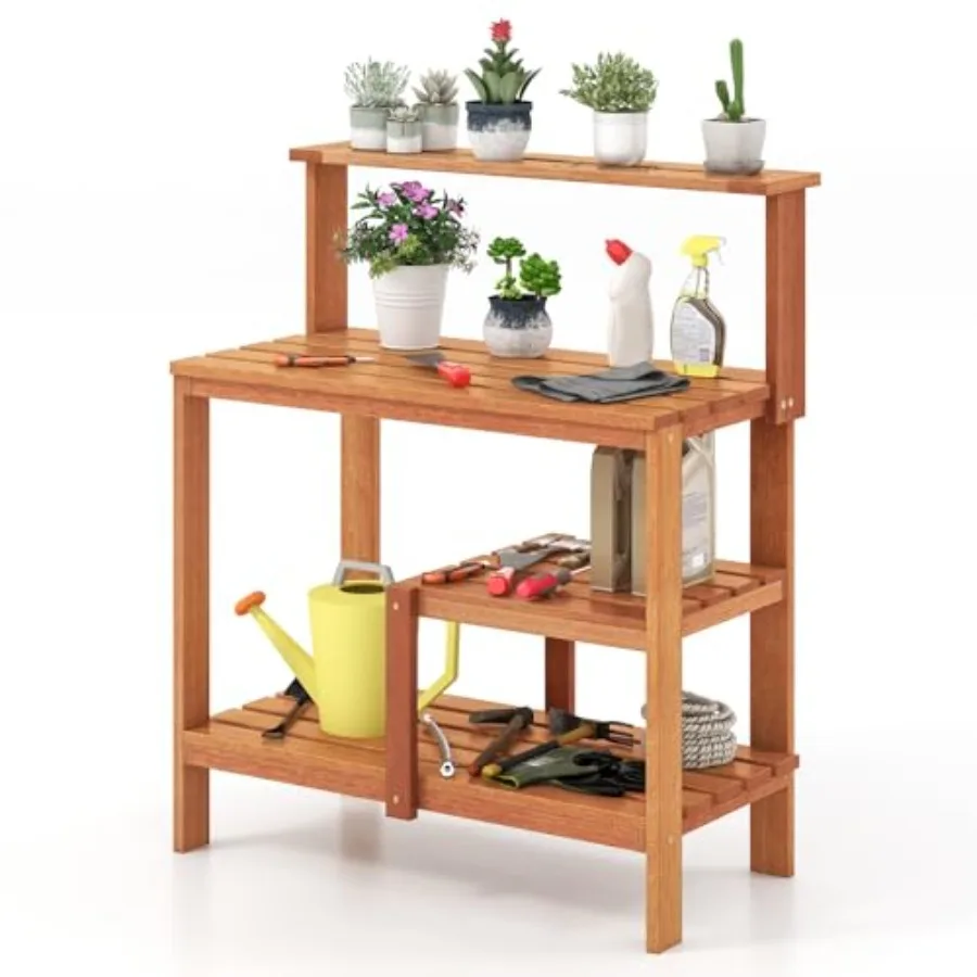 4-Tier Potting Bench, Solid Wood Gardening Workstation w/Open Storage Shelves, Teak Oil Finish, Outdoor Potting Table for Garde