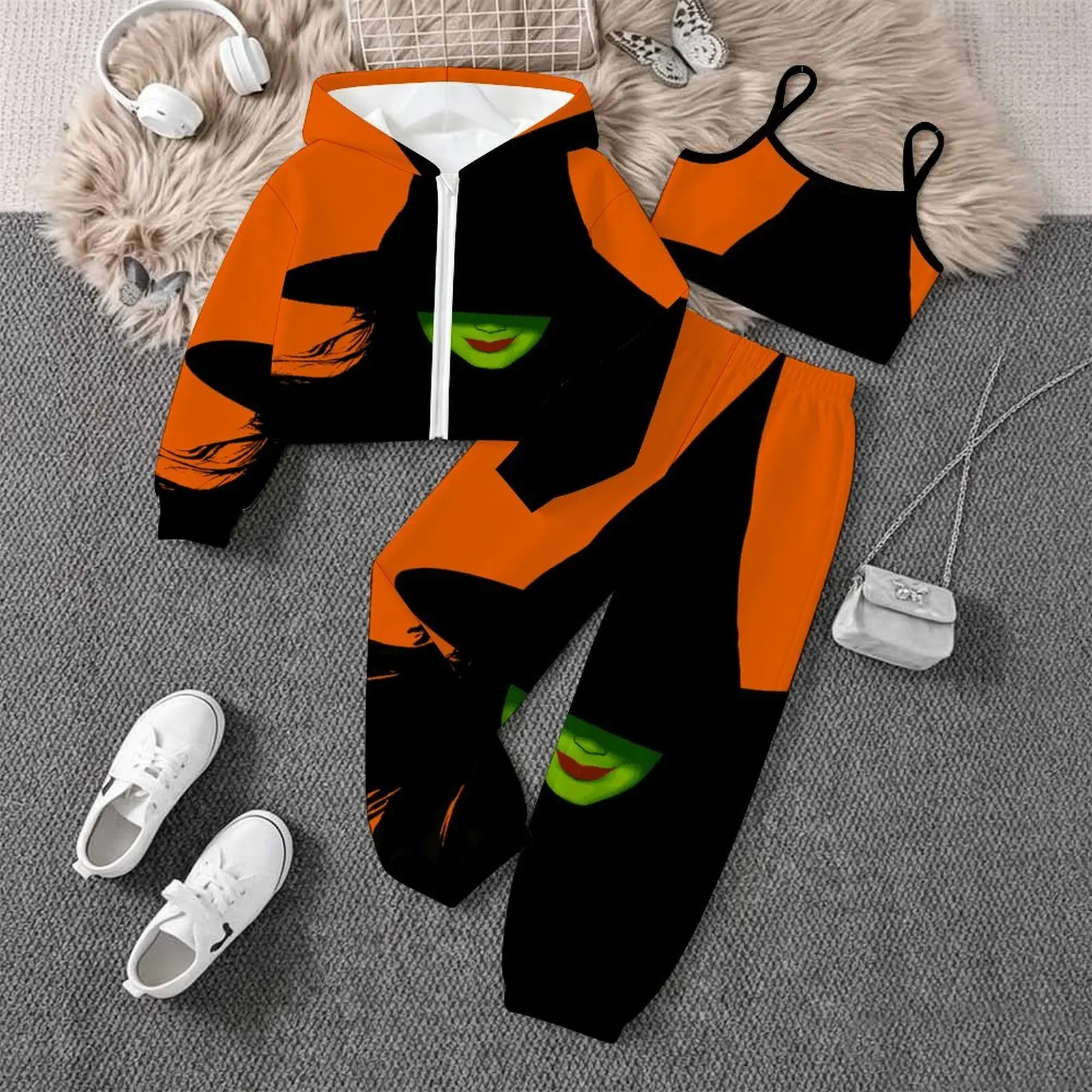 Fashion Coat All Hallows' Day Vest Daily Pants Children's Jogging Pants Casual Pants Autumn Winter Girls' Printed Three Piece