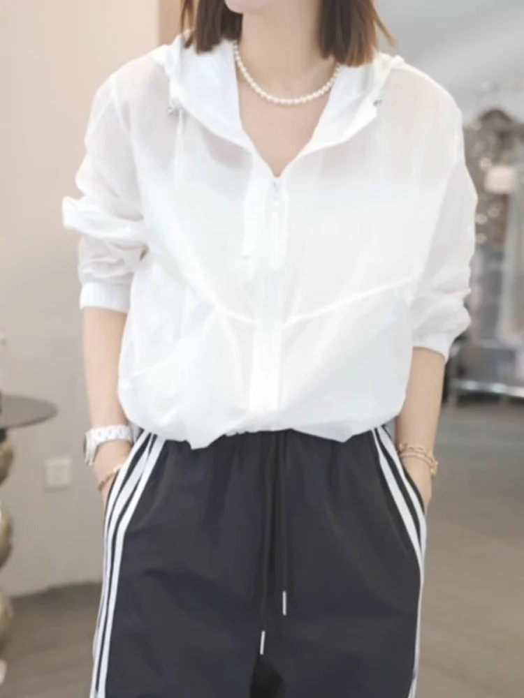 

Новая женская летняя куртка большого размера из тонкого ледяного шелка с защитой от солнца, дышащая, с длинными рукавами, с капюшоном, для работы