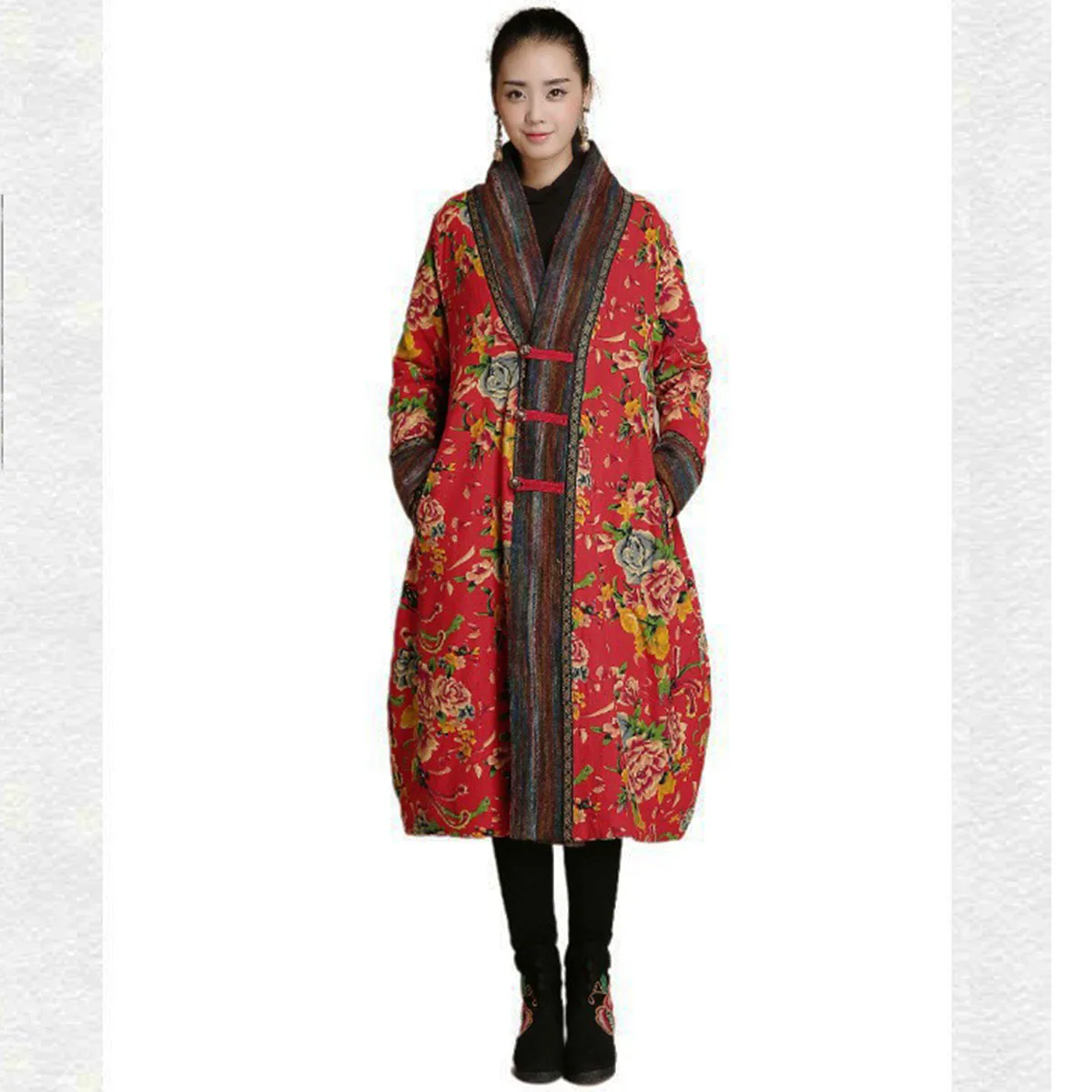 

Women's Chinese Ethnic Northeast Large Peony Flower Cotton Quilted Parka Coat Button Assembling Loose Long Jacket Outwear Winter