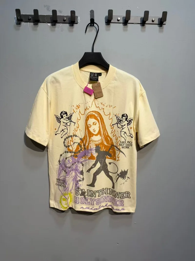 High Quality Washed Apricot SAINT T Shirt Men Women Fashion Cross Print Graphic T-shirt
