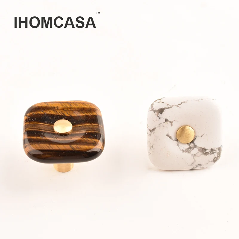 IHOMCASA Nordic Drawer Knob Square Agate Furniture Handle Brass Kitchen Cabinet Pulls Wardrobe Cupboard Dresser Door Knob Golden