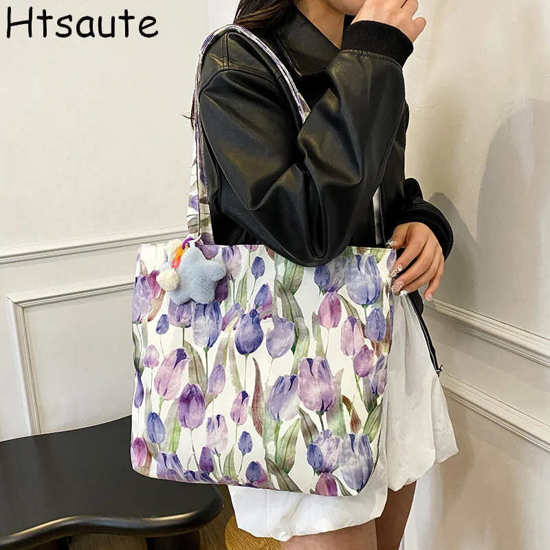 

Flower Printed Canvas Tote Bag For Women Wildflower and Books Shopping Bag Vintage Teacher Reusable Female Shoulder Bags