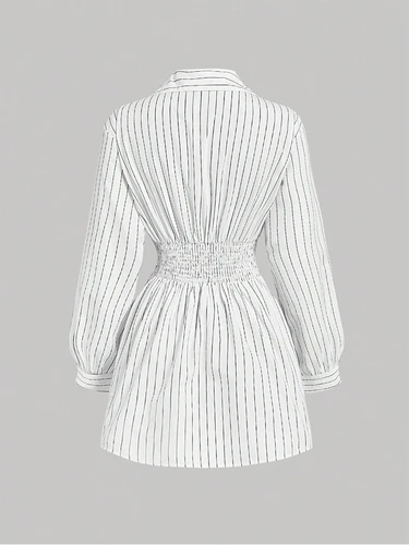 Imagen 2 del producto Vestido camisero adelgazante con cintura abierta y rayas para mujer, cuello en V, manga larga, fresco, elegante, cómodo, a la moda