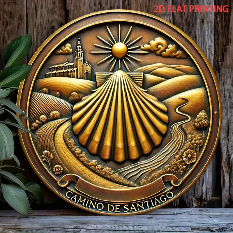 مسطح 2D، 2D مسطح 1 قطعة 20.32x20.32 سم لافتة قصدير مستديرة - مسار إسكندنافي بسيط إلى تصميم الحاج سانتياغو دي كومبسلاي -