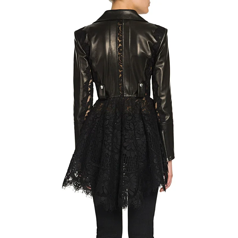 Veste en peau de mouton importée de luxe pour femmes, veste en cuir de motard coupe ajustée avec coutures en dentelle à la mode vestes en cuir véritable pour femmes