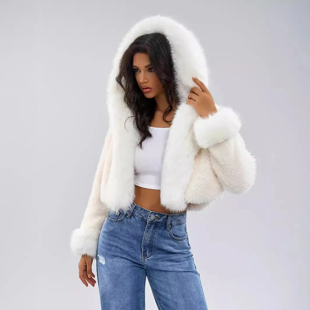 Women Faux Fur Short Coats Jackets Hooded Coat Thick Warm Y2k Streetwear Jacket Work Slim Fit Outerwear Autumn Winter 2025