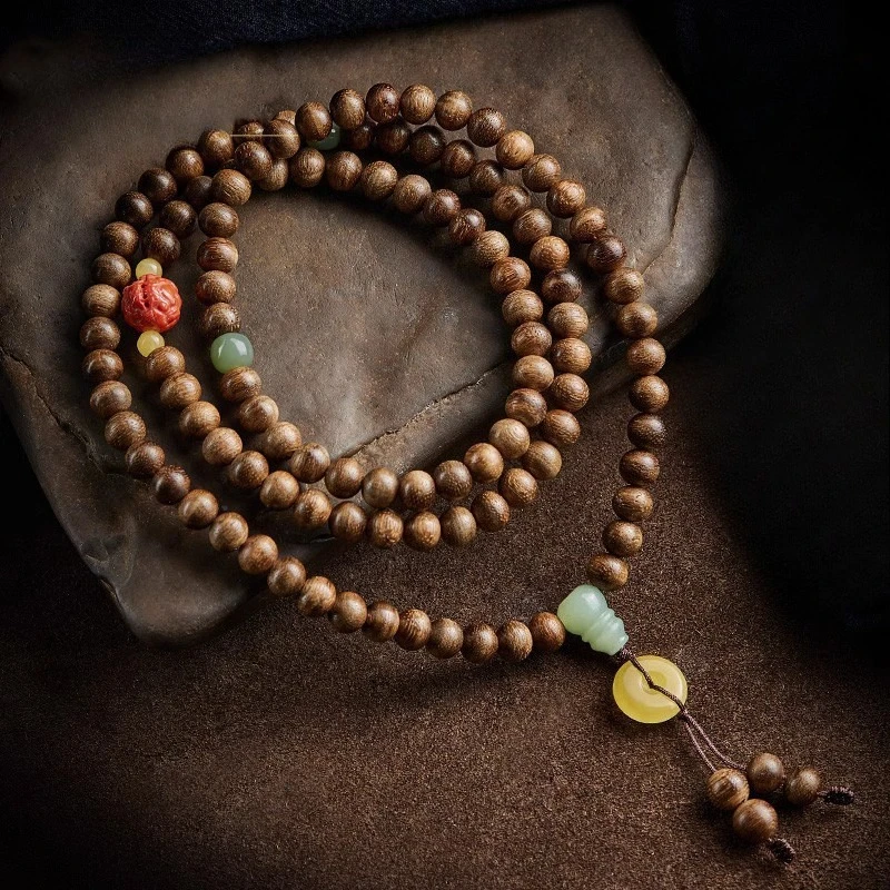 Natural Kalimantan Agarwood 108 Beads Multi Layer Bracelet Cinnabar Pixiu Chinese Traditional Style Lucky Fortune Blessing Praye