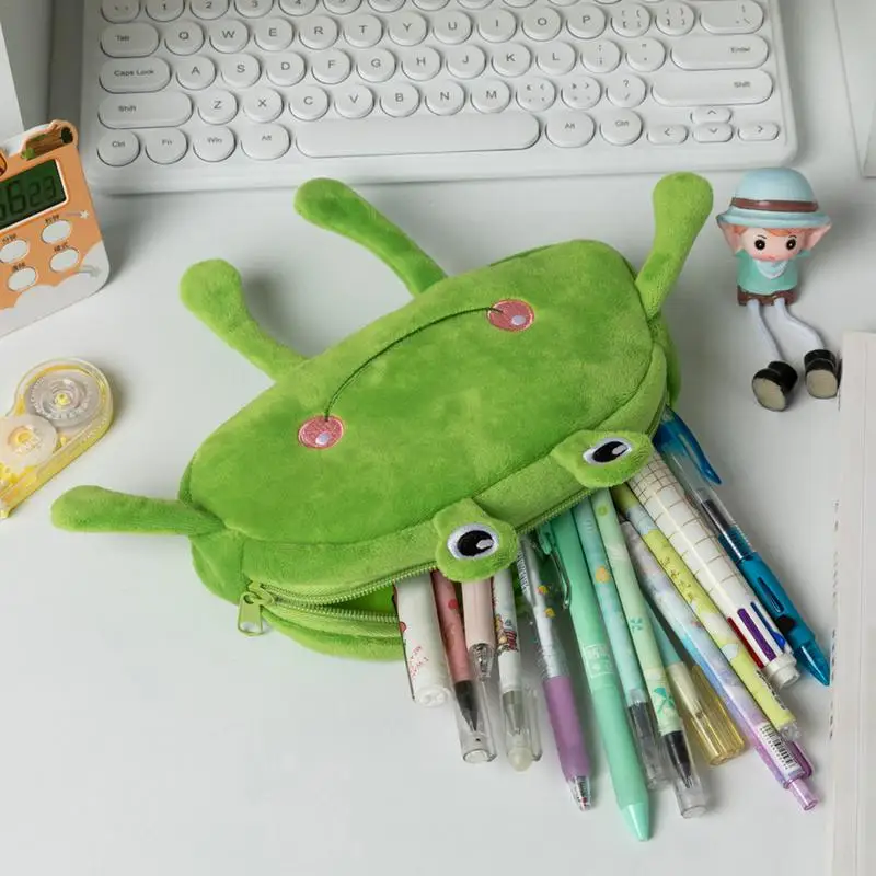 Plush Pencil Case Soft Plush Large Stationery Crayon Case Creative Stuffed Frog Cosmetic Bag Cartoon Theme Crayon Pouch For Pens