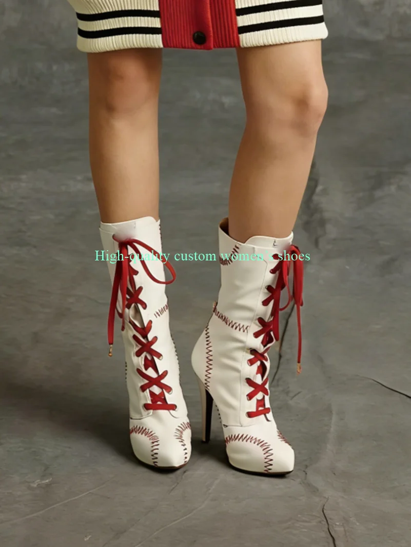 

White Baseball Style Cross Straps Women's Mid-calf Boots Color-Blocked Stilettos Women's Sneakers Handcrafted Luxury Footwear