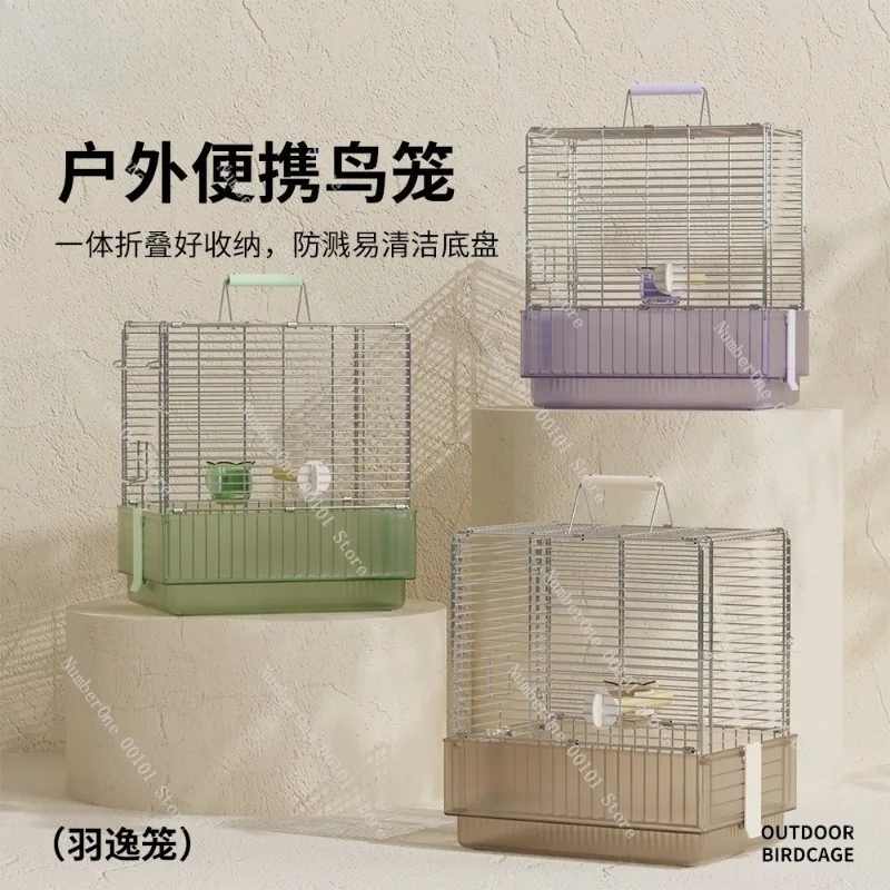 304 Stainless Steel Folding Bird Cage Portable Handheld Travel Carrier Anti Splash Design for Budgie Cockatiel Lovebird Parakeet