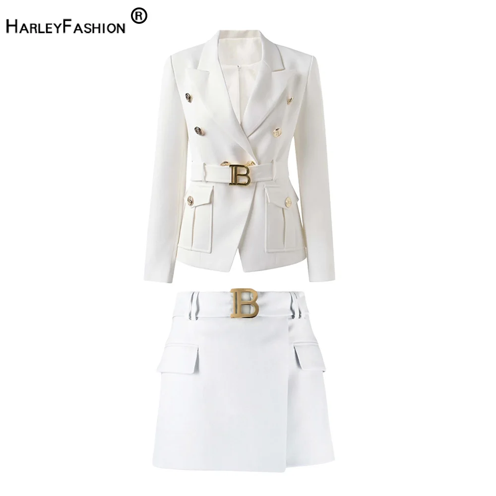 

Office Lady Luxury Design Work Women Business Blazer Suit with Belt Solid White/Black Slim 2 Pieces Skirt Formal Sets