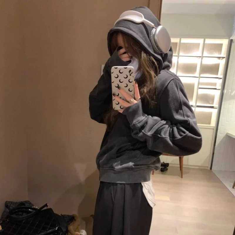 Deeptown Vintage Cropped Hoodie for Women Streetwear Korean Fashion Zip-up Hooded Sweatshirts Harajuku Oversized Hoodies Spring