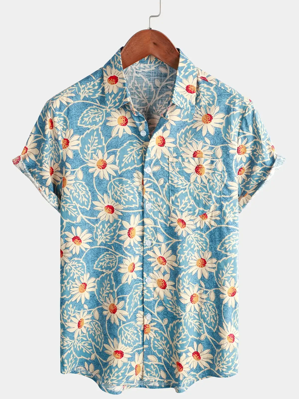 

Mens Vintage Beach Hawaiian Holiday Button Down Blue Short Sleeve Floral Shirt