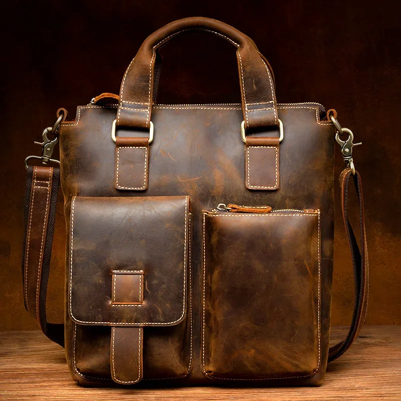 Crazy horse leather handbag leather men's bag casual leather briefcase retro handmade shoulder crossbody bag