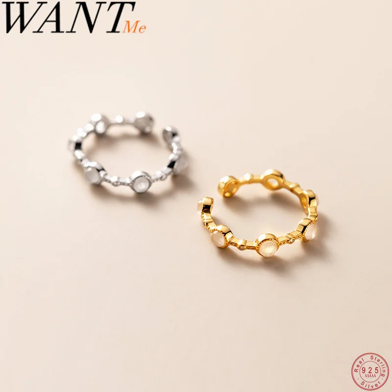 WANTME 925 Sterling Silver Simple Statement Round Opal Sweet Finger Open Ring for Women Trend Elegance Party Charm Jewelry Gift