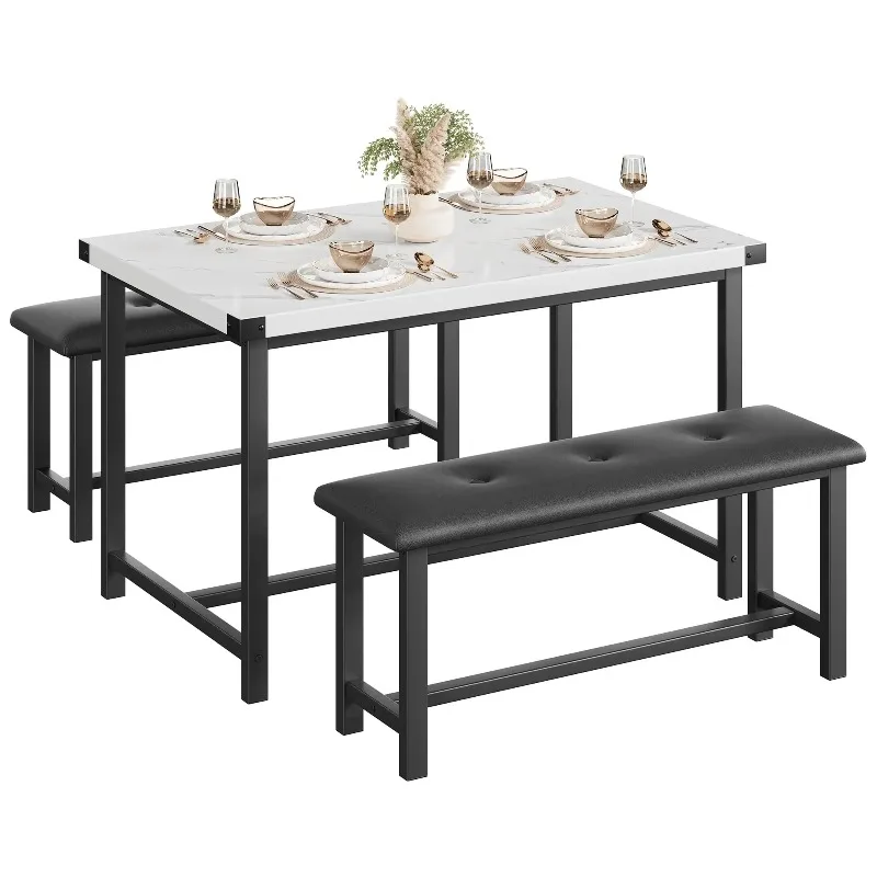 Dining Table Set For 4 Person, 1 Kitchen Table And 2 Upholstered Bench, Rectangular Dinner Table Set For Apartment