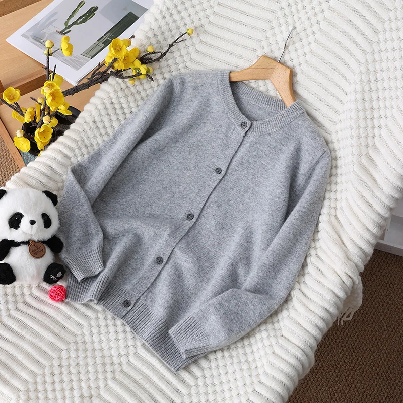 100%  Merino Wool   Cardigan Sweater  Autumn And Winter O-Neck  Unisex Style Long Sleeve Knitwear Children's Clothing Tops view 5