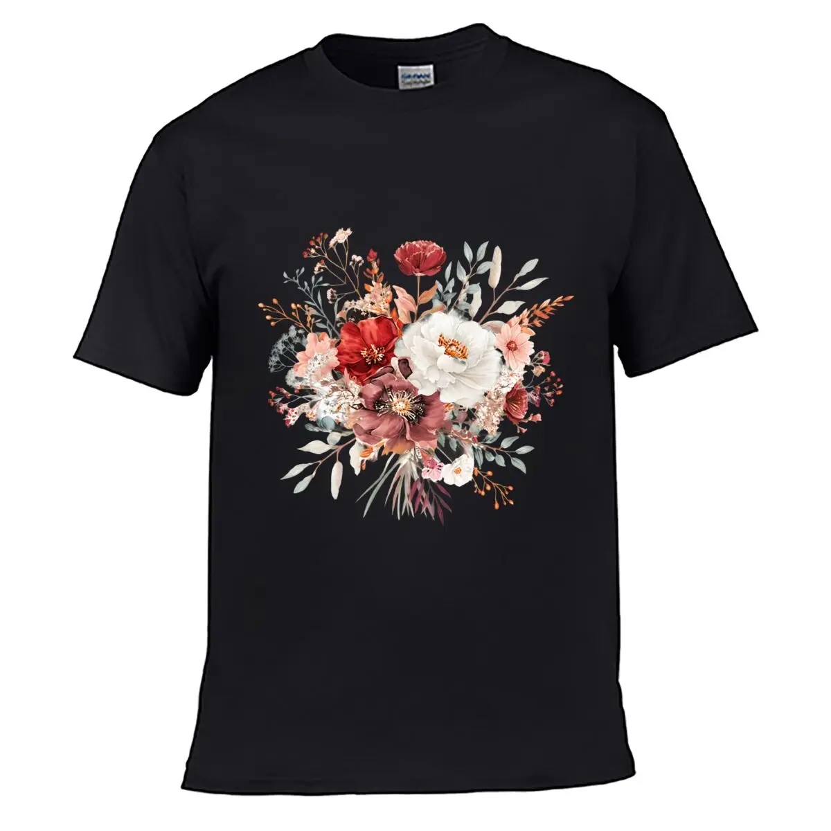 Boho Red White Wildflower Botanical Bouquet Men Summer T-shirt Top