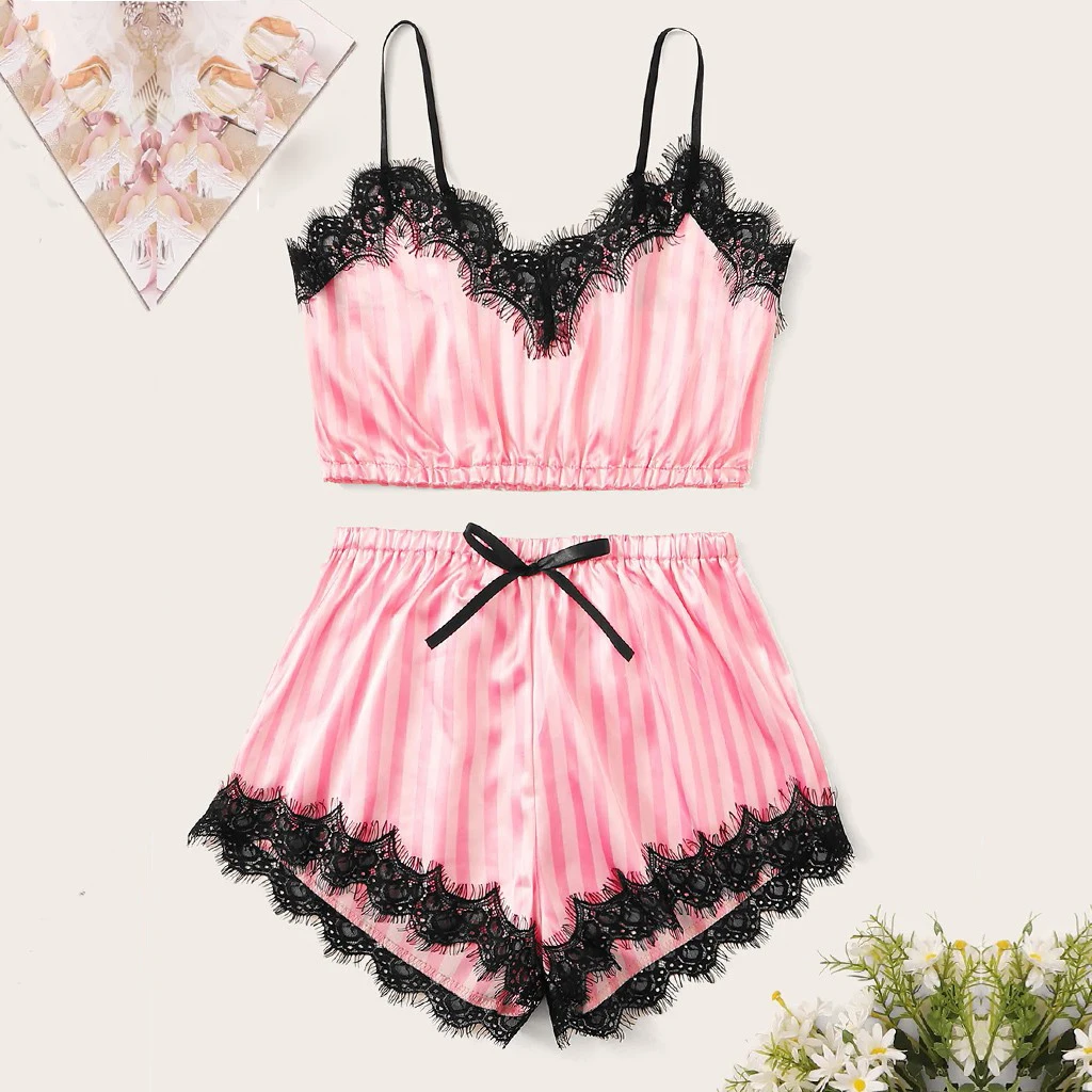 Satin Silk Pajamas Set Women Sexy Lace Sleepwear Summer Hot V-neck Sleeveless Pijamas Faux Silk Homewear Pink Striped Nightwear