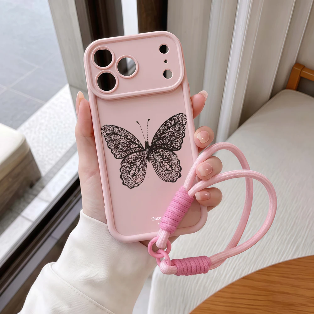 Handyhülle für iPhone 12 13 14 15 16 17 Pro Max 16 15 14 Pro Plus 17E Spitzen-Schmetterling-Lanyard Stoßfeste Matte Silikon-TPU-Hülle – Detail 8