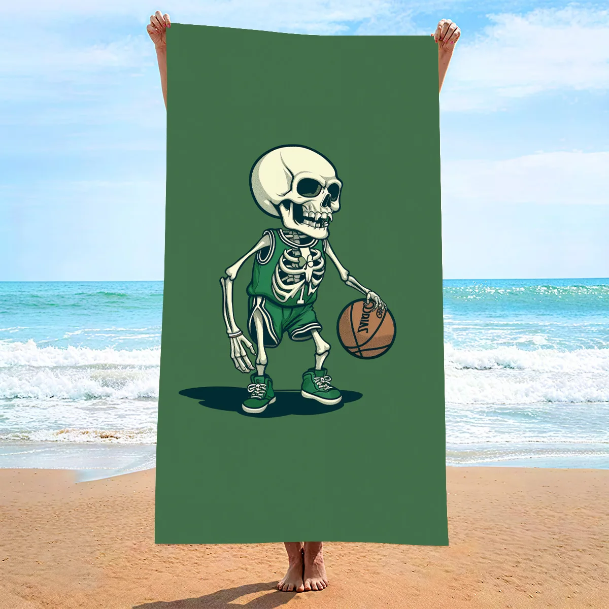 Skeleton Basketball Player Print Beach Towel Microfiber Quick Dry Absorbent Lightweight Green Sports Towel for Beach Pool