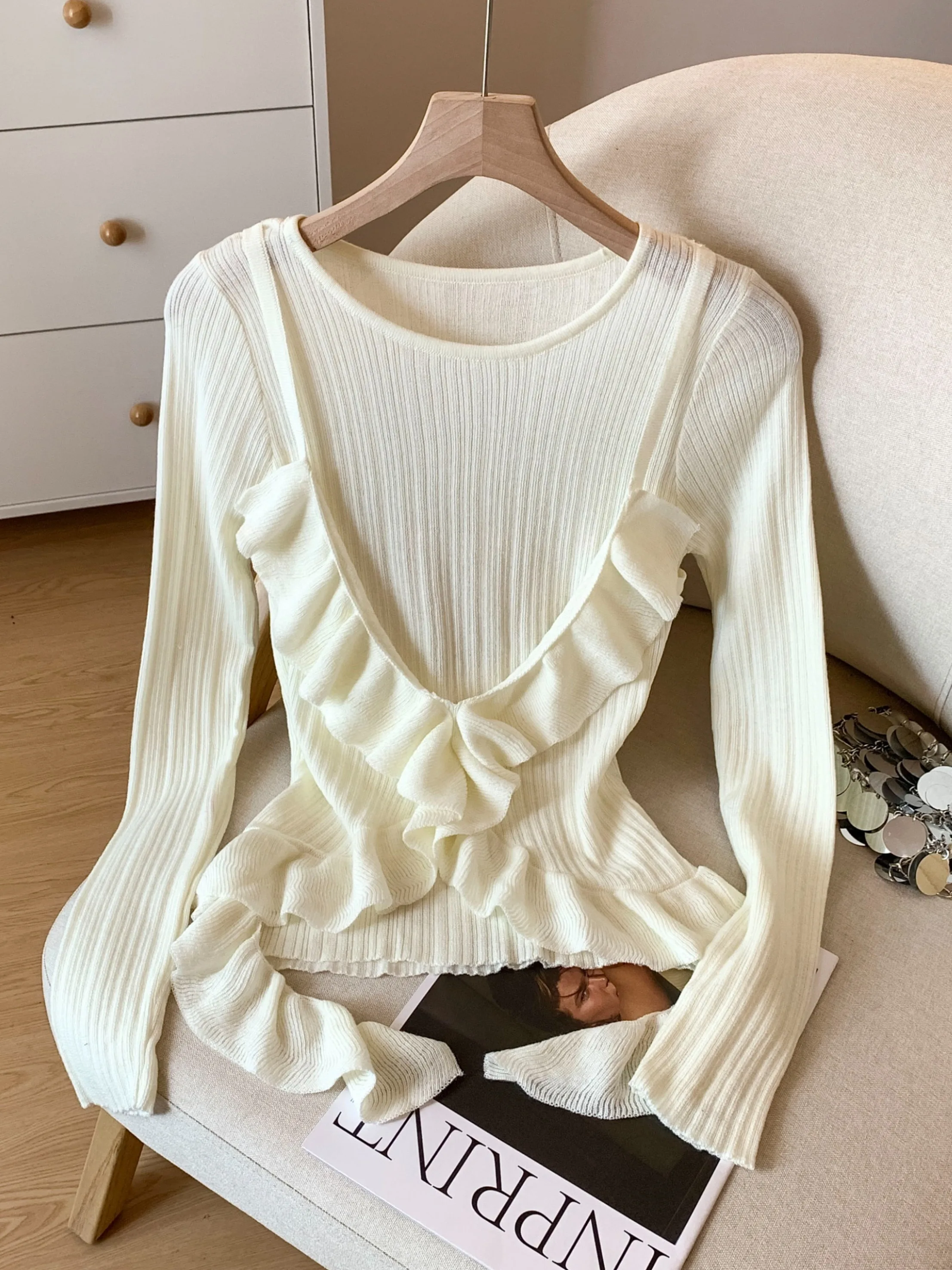 

Spicy Atmosphere Knitted Long Sleeve Women's Top Elegant Style Patchwork Bell Sleeve Fake Two-Piece Fashionable Autumn New Ar...