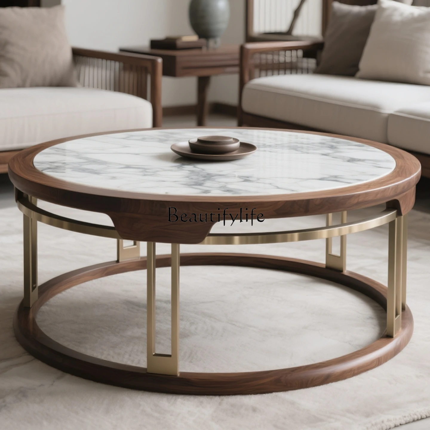 

North American black walnut solid wood coffee table Song style Zen household round tea table