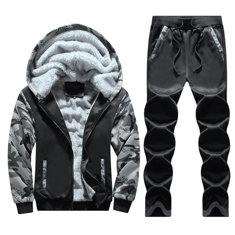 2 Pcs Set Men Winter Tracksuit Fleece Lined Sportswear Outfits Men Fashion Sets Sweatsuit Keep Warm Casual Sweatshirt  and Pants