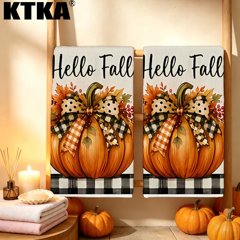 [JIT] Cleaning cloth 2PCS kitchen towel, hello autumn with bow pumpkin pattern autumn kitchen towel seasonal theme