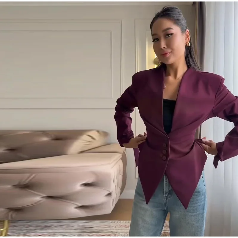Casual Women's Blazer Coat Solid V Neck Single Breasted Long Sleeve Jacket Waist Cinched Lace Up Outerwear 2026 NEW Lady Coats