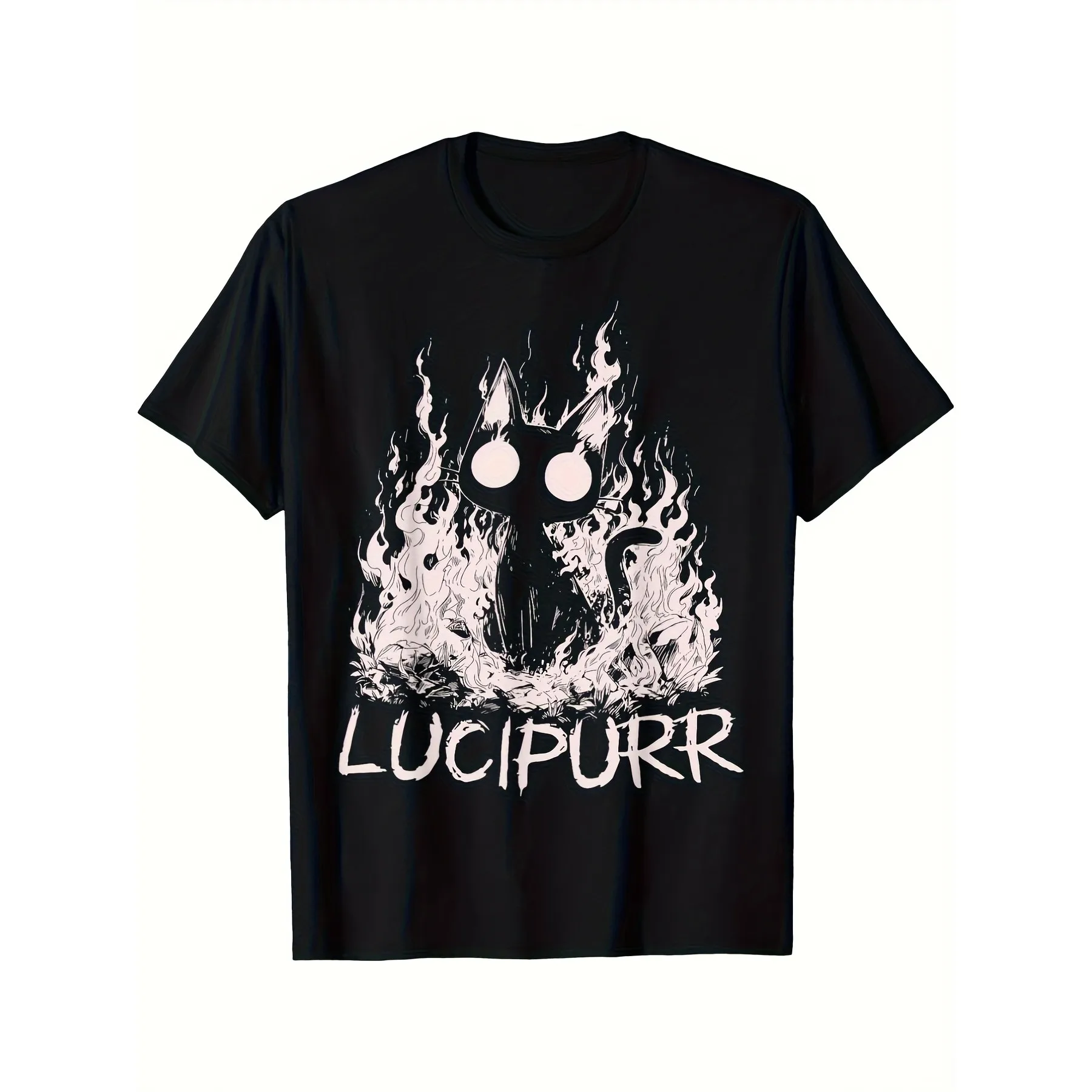 Lucipurr Cat Graphic Tee Men's Vintage Cotton T-Shirt Flames Print Soft Breathable Crewneck Casual Short Sleeve Summer Top