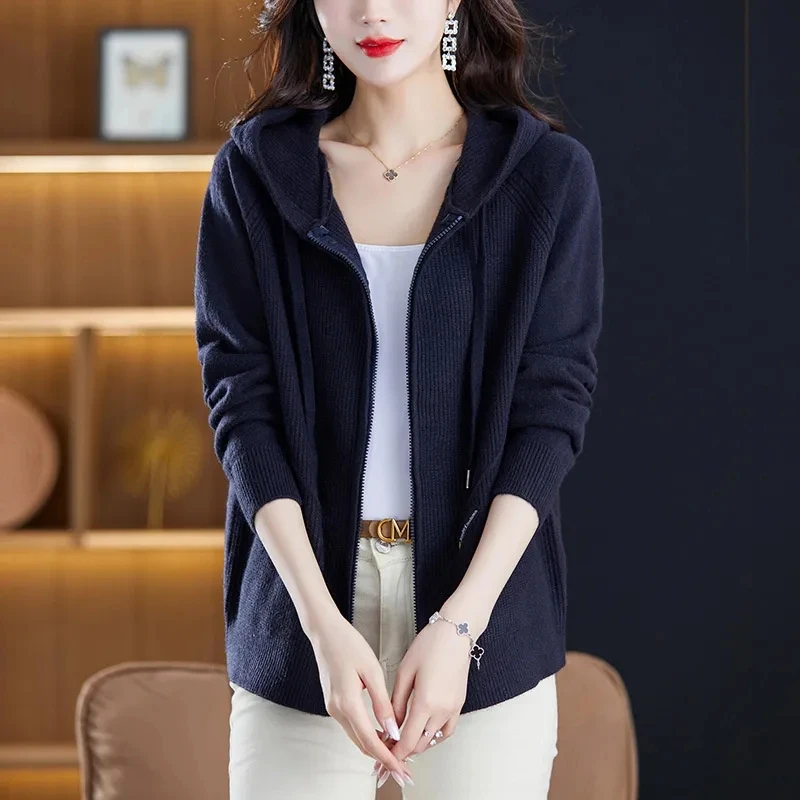 Spring Autumn Knitted Sweater Cardigan Jacket Women Solid Hooded Zipper Sweater Coat Female Knitwear Casual Tops Female Jackets