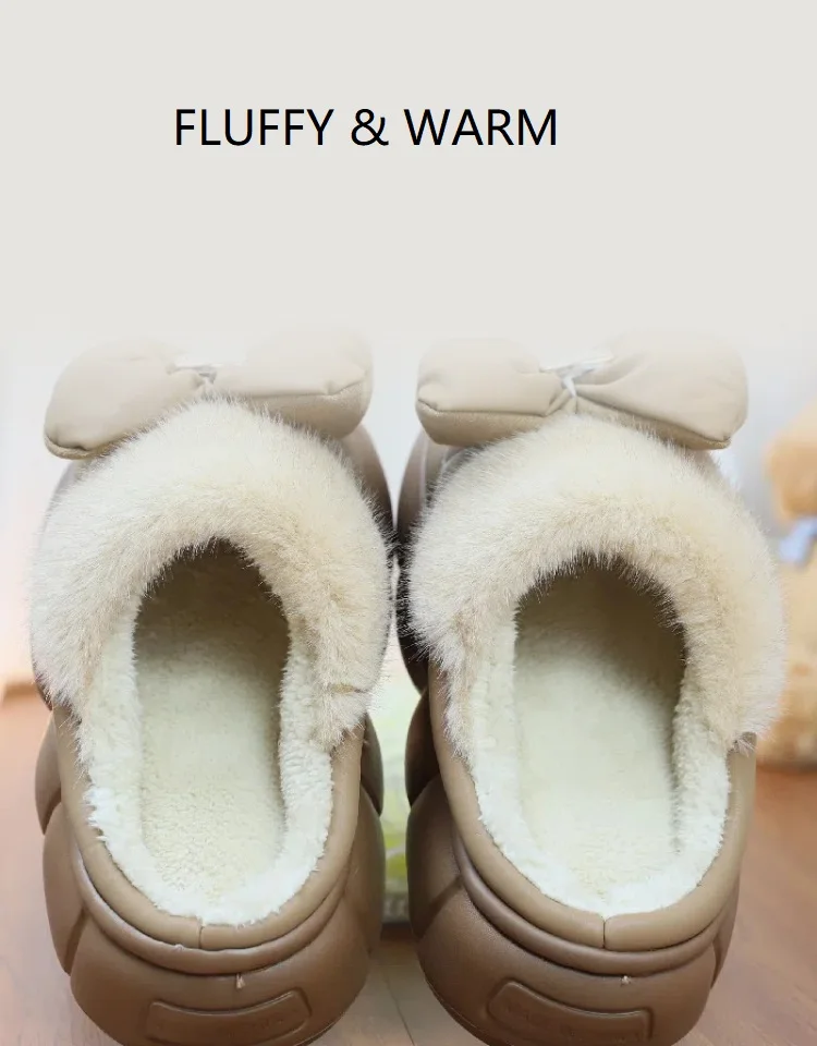 New Autumn waterproof mules shoes for women winter fluffy bow slippersoutoor fur slides  fashion 6 cm platform home slipper