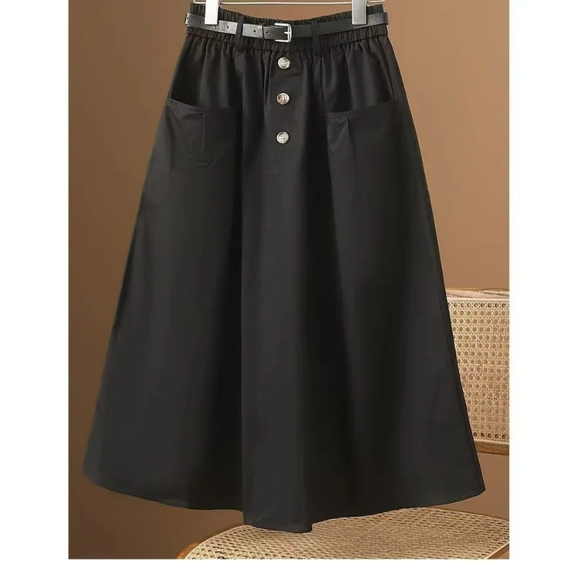 High Waist Elastic Waist Skirt Women's 2026 New Korean Style Slimming Pocket Workwear Midi Skirt Standard Fit Commute Style